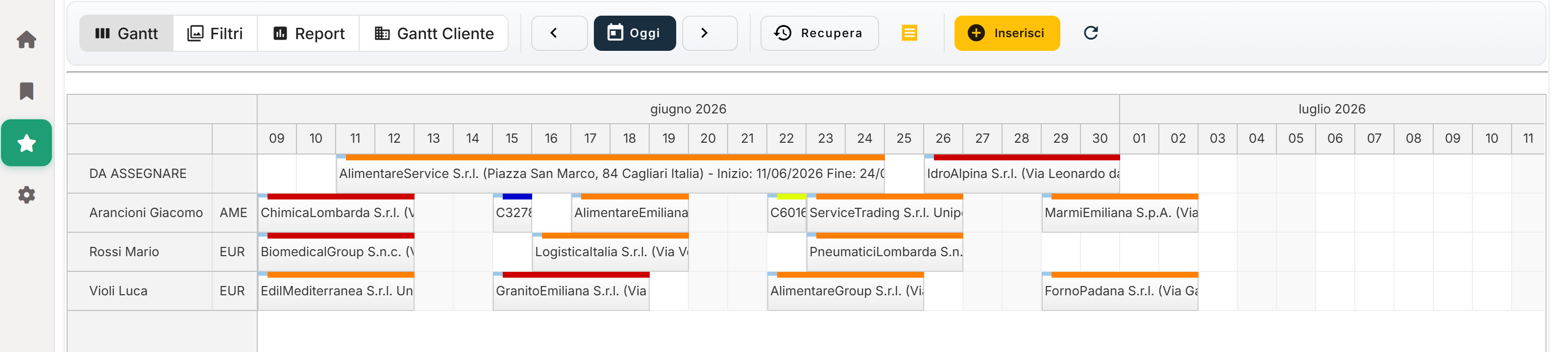 Pianificazione settimanale degli interventi su GANTT