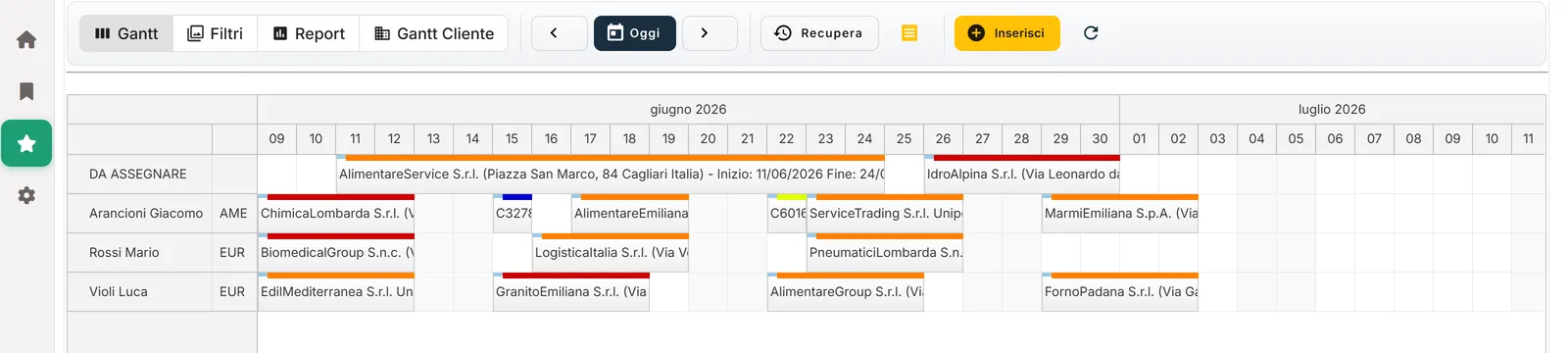 Il GANTT di NectaPlanner con gli interventi della settimana assegnati ai tecnici