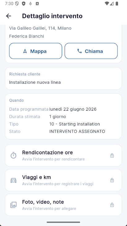 App mobile NectaPlanner — dettaglio intervento del tecnico