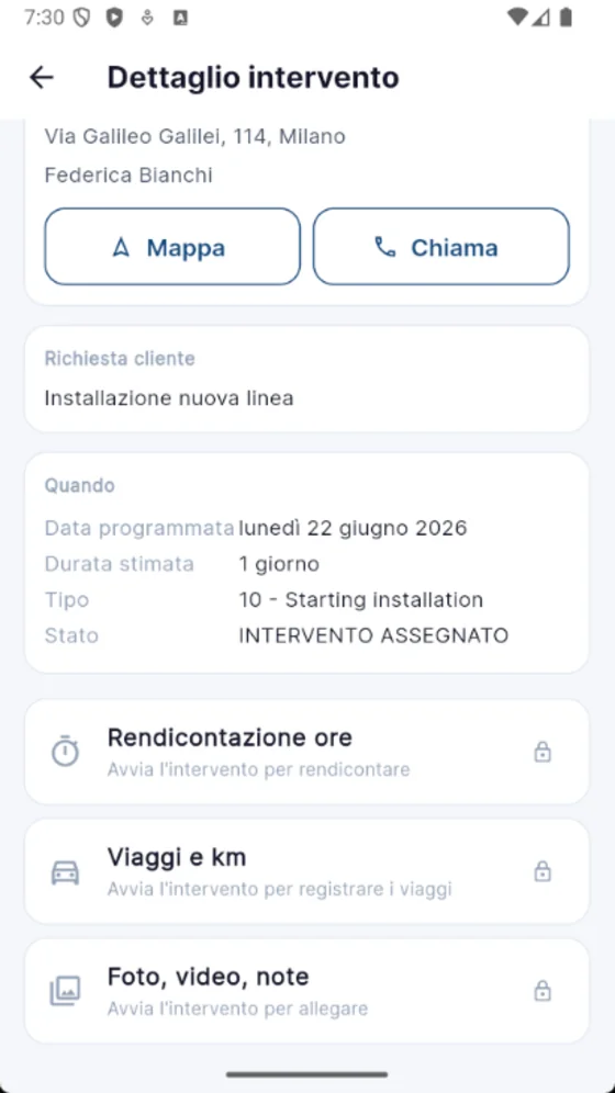 L'app mobile di NectaPlanner aperta sul dettaglio di un intervento